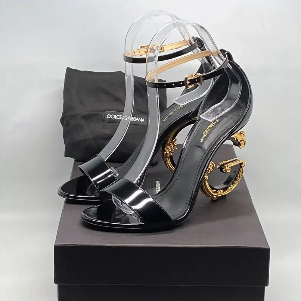 Dolce&Gabbana Sculpted-Heel Baroque DG Leather Sandals size 37 - Picture 11 of 13